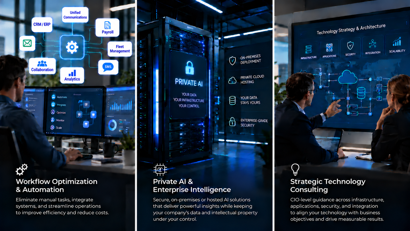 Three Integra Tech Solutions service areas: workflow optimization and automation; private AI with on-premises or private cloud hosting; and strategic technology consulting.