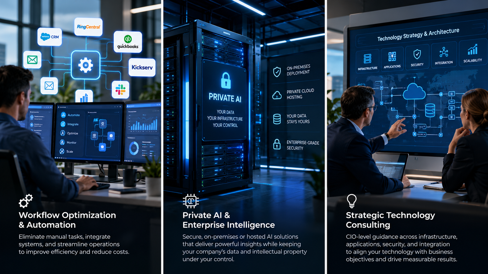 Three Integra Tech Solutions service areas: workflow optimization and automation; private AI with on-premises or private cloud hosting; and strategic technology consulting.